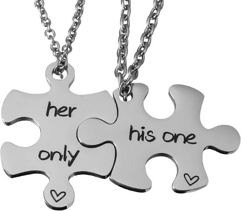 Valentine's Day His and Hers Puzzle Piece Pendant Necklace Set 2 Personalized Couples Stamped Chains for Couples Lover Bestfriends. in Saudi Arabia