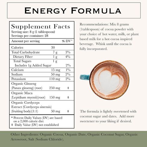 Herbal Roots Organic Energy Functional Cocoa Beverage Powder - Ginseng, Maca, Cordyceps - Sweetened with Dates and Coconut - 28 servings in Saudi Arabia