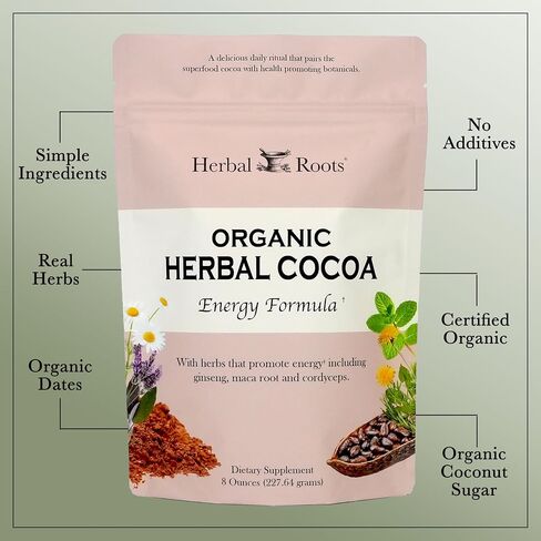 Herbal Roots Organic Energy Functional Cocoa Beverage Powder - Ginseng, Maca, Cordyceps - Sweetened with Dates and Coconut - 28 servings in Saudi Arabia