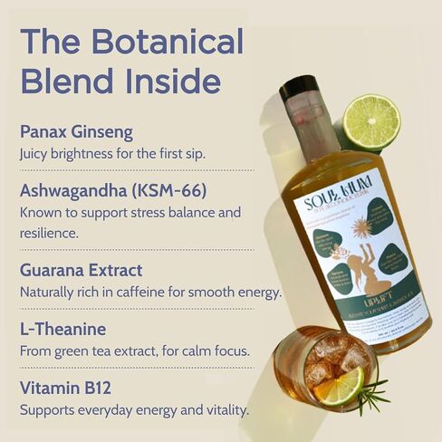 Soul Hum Non-Alcholoic Elixirs - Uplift - Plant-Based Functional Beverage with Adaptogens, Terpenes, Guarana & L-Theanine - Sparkling Botanical Drink for Focused Energy & Refreshment - 25.4 Fl Oz in Kuwait