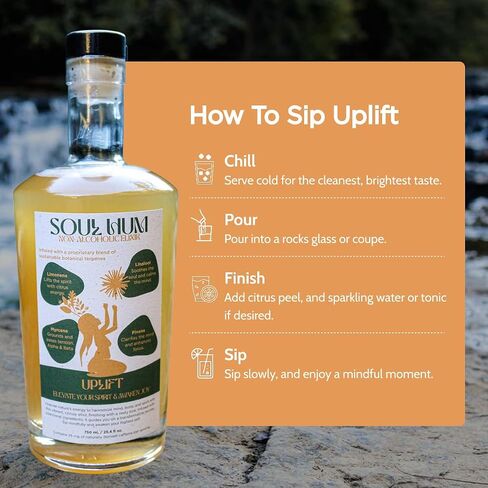 Soul Hum Non-Alcholoic Elixirs - Uplift - Plant-Based Functional Beverage with Adaptogens, Terpenes, Guarana & L-Theanine - Sparkling Botanical Drink for Focused Energy & Refreshment - 25.4 Fl Oz in Kuwait