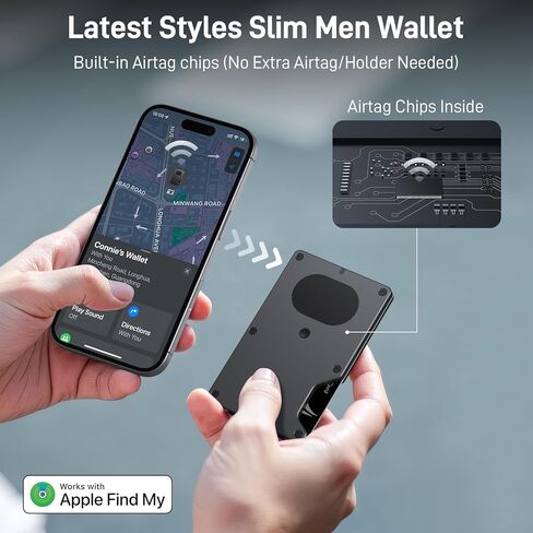 Slim Wallet for Men, Smart Minimalist Metal Wallet Built-in Airtag Tracking Chip, Compatible with Apple Find My, RFID Blocking Credit Card Holder with Money Clip, Gifts for Men (Black) in Saudi Arabia