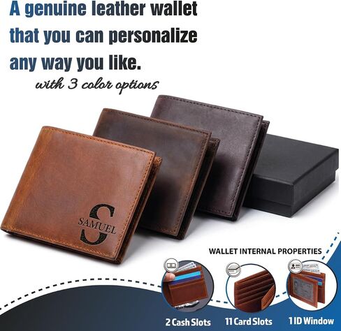 Personalized Leather Wallet for Men – Custom Engraved with Name or Initials, Premium Monogram Wallet for Son, Dad, Grandpa, Boyfriend, Birthday, Father's Day, Anniversary, Christmas in Kuwait