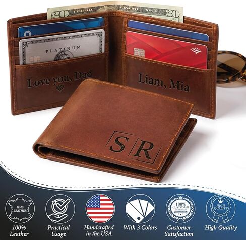 Personalized Leather Wallet for Men – Custom Engraved with Name or Initials, Premium Monogram Wallet for Son, Dad, Grandpa, Boyfriend, Birthday, Father's Day, Anniversary, Christmas in Kuwait