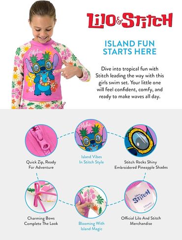 Disney Lilo and Stitch Swimsuit, Stitch Girls Bathing Suit, Girls Swimsuit with Bows, Long Sleeve Kids Bathing Suit 8 Multicolor in Kuwait