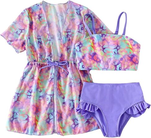 GORGLITTER Girl's 3 Piece Swimsuits Cute Leopard Print High Waisted Ruffled Bathing Suits with Mesh Kimono Beachwear in Kuwait