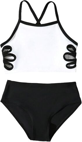 SHENHE Girl's 2 Piece Swimsuits Cut Out Flower Color Block Halter Bathing Suits Cute Swimwear in Kuwait
