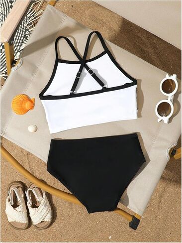 SHENHE Girl's 2 Piece Swimsuits Cut Out Flower Color Block Halter Bathing Suits Cute Swimwear in Kuwait