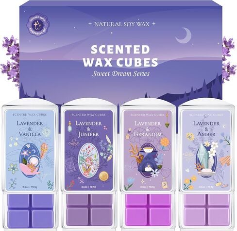 SCENTORINI Wax Melts, Soy Wax Cubes Strong Scent, Lavender Essential Oil Scented for Sleep, Summer Scents Wax Melts for Warmer Gift Set, 10 oz 4-Pack - Lavender & Amber, Juniper, Geranium, Vanilla in Kuwait