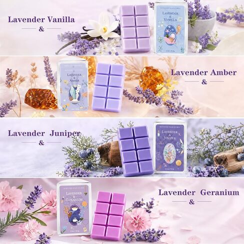 SCENTORINI Wax Melts, Soy Wax Cubes Strong Scent, Lavender Essential Oil Scented for Sleep, Summer Scents Wax Melts for Warmer Gift Set, 10 oz 4-Pack - Lavender & Amber, Juniper, Geranium, Vanilla in Kuwait