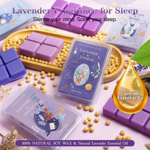 SCENTORINI Wax Melts, Soy Wax Cubes Strong Scent, Lavender Essential Oil Scented for Sleep, Summer Scents Wax Melts for Warmer Gift Set, 10 oz 4-Pack - Lavender & Amber, Juniper, Geranium, Vanilla in Kuwait