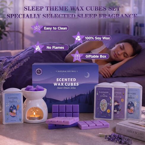 SCENTORINI Wax Melts, Soy Wax Cubes Strong Scent, Lavender Essential Oil Scented for Sleep, Summer Scents Wax Melts for Warmer Gift Set, 10 oz 4-Pack - Lavender & Amber, Juniper, Geranium, Vanilla in Kuwait