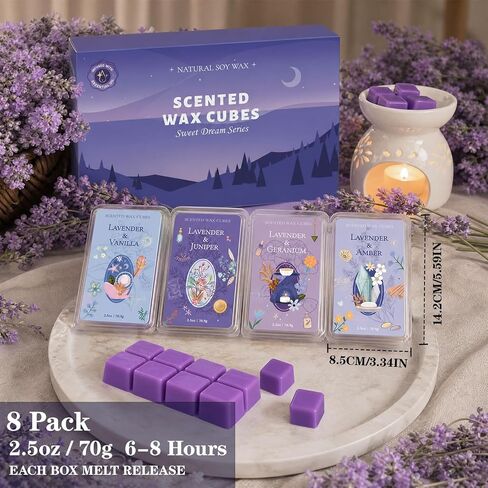 SCENTORINI Wax Melts, Soy Wax Cubes Strong Scent, Lavender Essential Oil Scented for Sleep, Summer Scents Wax Melts for Warmer Gift Set, 10 oz 4-Pack - Lavender & Amber, Juniper, Geranium, Vanilla in Kuwait