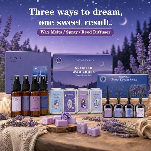 SCENTORINI Wax Melts, Soy Wax Cubes Strong Scent, Lavender Essential Oil Scented for Sleep, Summer Scents Wax Melts for Warmer Gift Set, 10 oz 4-Pack - Lavender & Amber, Juniper, Geranium, Vanilla in Kuwait