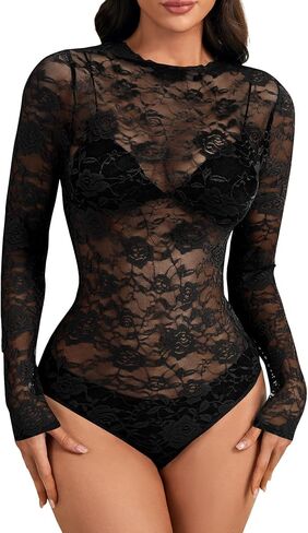 Rooscier Women's Floral Lace Sheer Long Sleeve Mock Neck Sexy Bodysuits Top without Bra and Thong in Kuwait