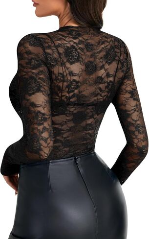 Rooscier Women's Floral Lace Sheer Long Sleeve Mock Neck Sexy Bodysuits Top without Bra and Thong in Kuwait
