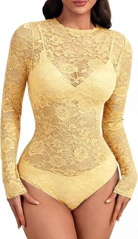 Rooscier Women's Floral Lace Sheer Long Sleeve Mock Neck Sexy Bodysuits Top without Bra and Thong in Kuwait