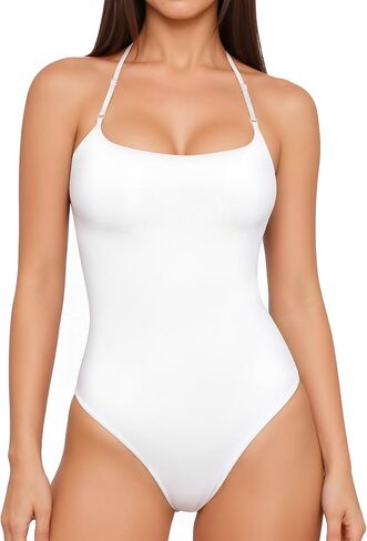 MANGOPOP Women's Halter Spaghetti Strap Tank Top Bodysuit Double Lined Thong Body Suits Going Out Cami Tops in Kuwait