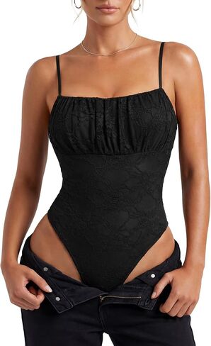 LYANER Women's Lace Ruched Spaghetti Strap Sleeveless Double Lined Sexy Going Out Bodysuit in Kuwait