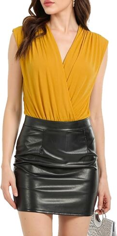 Women's Elegant Wrap V Neck Bodysuit, Sleeveless Ruched Waist Tank, Slim Fit Wrap Leotard for Work, Night Out in Saudi Arabia