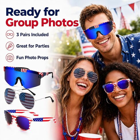 4th of July Sunglasses - 3 Pack American Flag Sunglasses for Women Men, Patriotic Red White and Blue Glasses for Independence Day, 250th Anniversary Fourth of July Accessories, USA Parade Party Favors in Kuwait