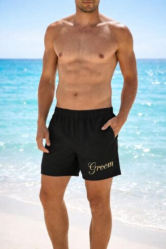 Brosash Groom Swim Trunks – Black Groom Shorts with Gold “Groom" Print | Bachelor Party Groom Outfit | Groom Beach & Pool Shorts | Medium Size (Fits 30-36 Waist) Funny Men Wedding Gift Swimsuit in Saudi Arabia