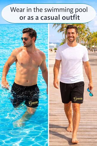 Brosash Groom Swim Trunks – Black Groom Shorts with Gold “Groom" Print | Bachelor Party Groom Outfit | Groom Beach & Pool Shorts | Medium Size (Fits 30-36 Waist) Funny Men Wedding Gift Swimsuit in Saudi Arabia