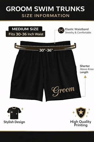Brosash Groom Swim Trunks – Black Groom Shorts with Gold “Groom" Print | Bachelor Party Groom Outfit | Groom Beach & Pool Shorts | Medium Size (Fits 30-36 Waist) Funny Men Wedding Gift Swimsuit in Saudi Arabia
