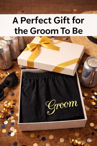 Brosash Groom Swim Trunks – Black Groom Shorts with Gold “Groom" Print | Bachelor Party Groom Outfit | Groom Beach & Pool Shorts | Medium Size (Fits 30-36 Waist) Funny Men Wedding Gift Swimsuit in Saudi Arabia