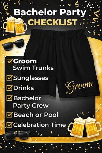 Brosash Groom Swim Trunks – Black Groom Shorts with Gold “Groom" Print | Bachelor Party Groom Outfit | Groom Beach & Pool Shorts | Medium Size (Fits 30-36 Waist) Funny Men Wedding Gift Swimsuit in Saudi Arabia