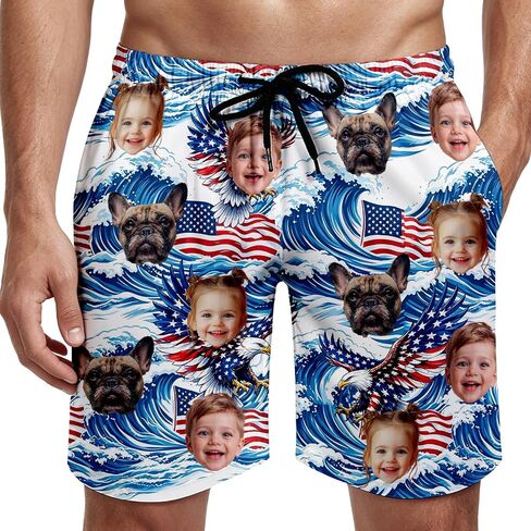 Custom Face Swim Trunks for Men Women, Tropical Floral American Flag Beach Board Shorts with Photos, Personalized Swimwear in Kuwait