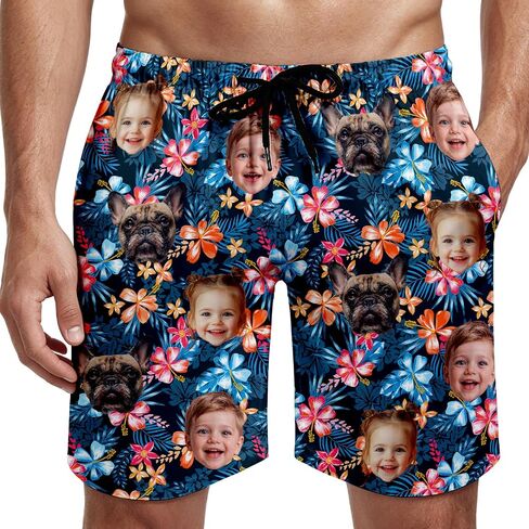 Custom Face Swim Trunks for Men Women, Tropical Floral American Flag Beach Board Shorts with Photos, Personalized Swimwear in Kuwait