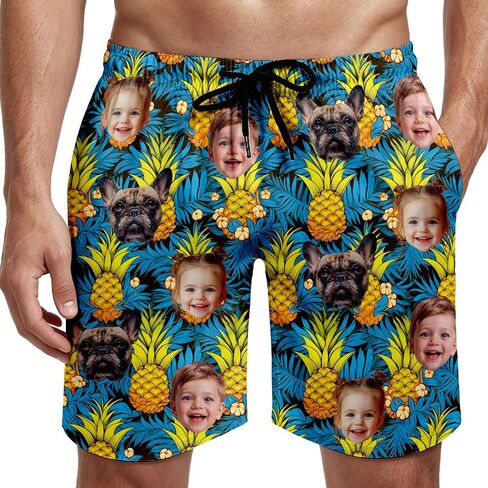 Custom Face Swim Trunks for Men Women, Tropical Floral American Flag Beach Board Shorts with Photos, Personalized Swimwear in Kuwait