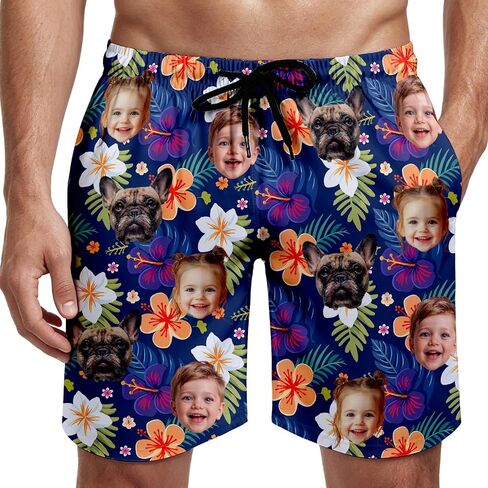 Custom Face Swim Trunks for Men Women, Tropical Floral American Flag Beach Board Shorts with Photos, Personalized Swimwear in Kuwait