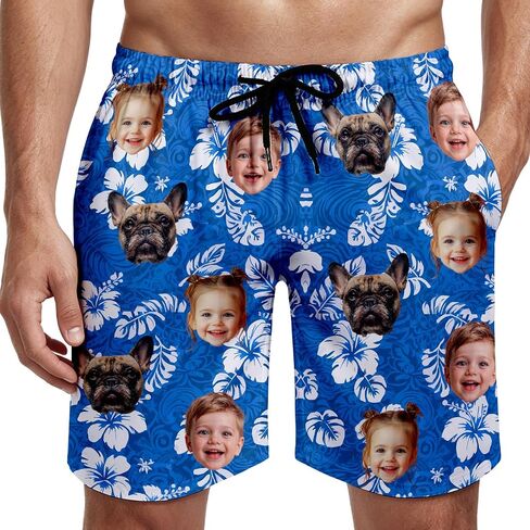 Custom Face Swim Trunks for Men Women, Tropical Floral American Flag Beach Board Shorts with Photos, Personalized Swimwear in Kuwait