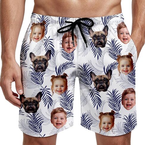 Custom Face Swim Trunks for Men Women, Tropical Floral American Flag Beach Board Shorts with Photos, Personalized Swimwear in Kuwait