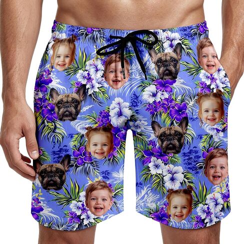 Custom Face Swim Trunks for Men Women, Tropical Floral American Flag Beach Board Shorts with Photos, Personalized Swimwear in Kuwait