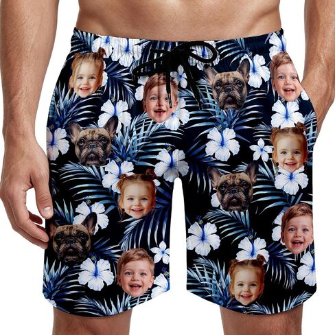 Custom Face Swim Trunks for Men Women, Tropical Floral American Flag Beach Board Shorts with Photos, Personalized Swimwear in Kuwait