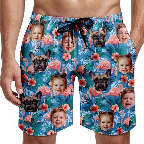 Custom Face Swim Trunks for Men Women, Tropical Floral American Flag Beach Board Shorts with Photos, Personalized Swimwear in Kuwait
