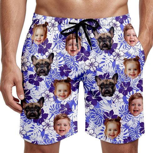 Custom Face Swim Trunks for Men Women, Tropical Floral American Flag Beach Board Shorts with Photos, Personalized Swimwear in Kuwait