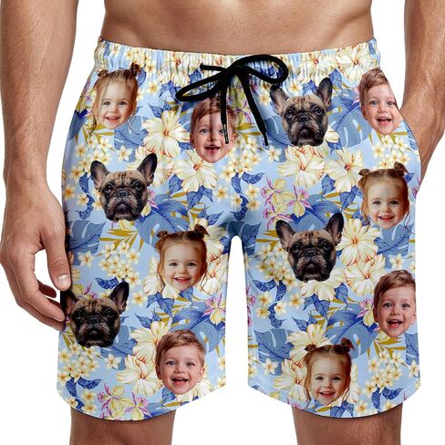 Custom Face Swim Trunks for Men Women, Tropical Floral American Flag Beach Board Shorts with Photos, Personalized Swimwear in Kuwait