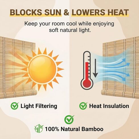 Bamboo Blinds for Interior Windows, Custom Bamboo Shades for Indoor Windows, Light Filtering, Easy to Install, Bambo Roll Up Blinds for Outdoor Patio, Decks, Porch, Backyards in Kuwait
