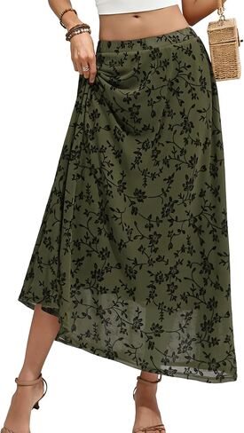 ELLEVEN Women’s Floral Mesh Maxi Skirt,Flowy Ruffle,Boho Elastic High Waisted Elegant Long Skirts for Women in Kuwait