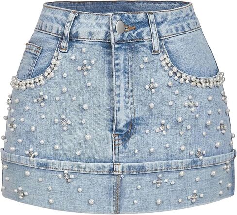 WDIRARA Women's Plus Size Pearl Denim Skirt Rolled Hem Mini Jean Skirts in Kuwait