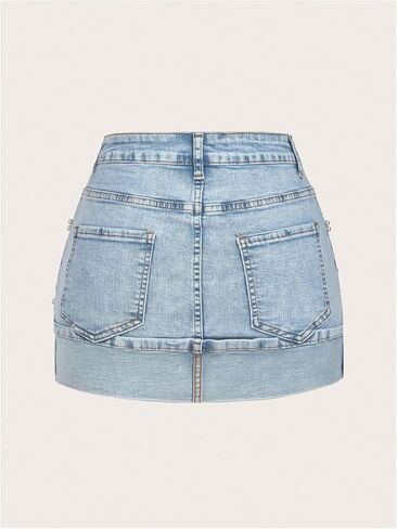 WDIRARA Women's Plus Size Pearl Denim Skirt Rolled Hem Mini Jean Skirts in Kuwait