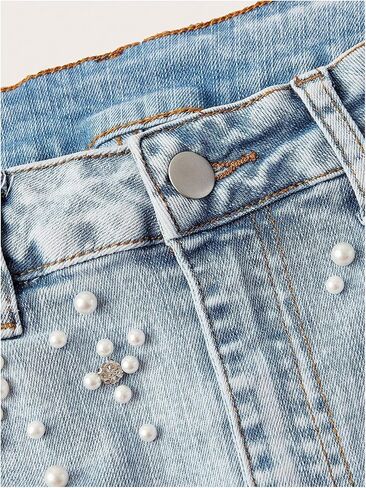 WDIRARA Women's Plus Size Pearl Denim Skirt Rolled Hem Mini Jean Skirts in Kuwait