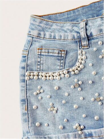 WDIRARA Women's Plus Size Pearl Denim Skirt Rolled Hem Mini Jean Skirts in Kuwait