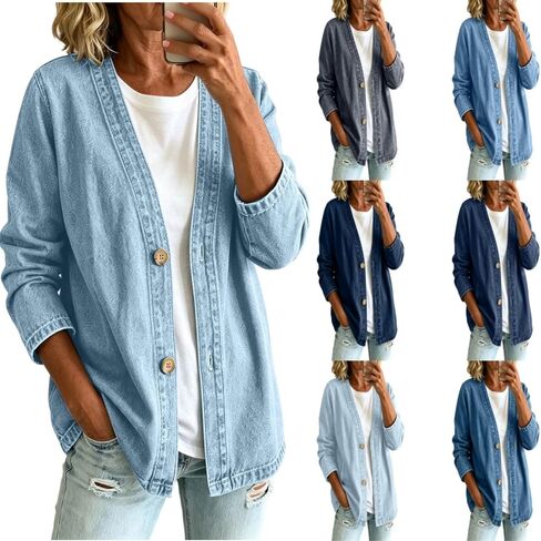 Denim Jacket For Women Lightweight Button Down V Neck Collarless Open Front Jean Coat Casual Cardigan Daily Outerwear in Saudi Arabia