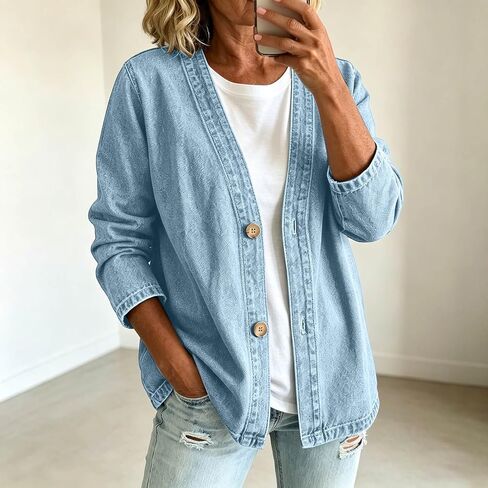 Denim Jacket For Women Lightweight Button Down V Neck Collarless Open Front Jean Coat Casual Cardigan Daily Outerwear in Saudi Arabia
