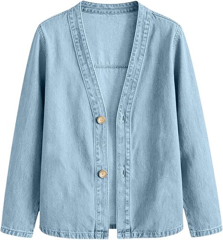 Denim Jacket For Women Lightweight Button Down V Neck Collarless Open Front Jean Coat Casual Cardigan Daily Outerwear in Saudi Arabia